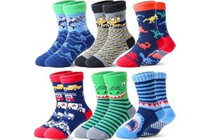 Welwoos 6 Pairs Kids Boys Fluffy Grips Socks Non Slip Anit Skid Slipper Thermal Warm Winter Thick Fun Cosy Toddler Bed Socks