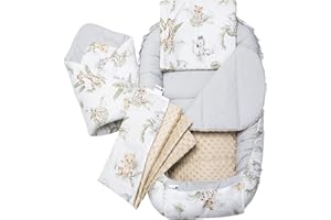 ‎MEDI PARTNERS Medi Partners Babynest Nestchen Baby Set für Neugeborene - 100x60x10 Kuschelnest 5 teilig tragbar Nest zweiseitig Babynestchen Bett 100% Baumwolle (Safari mit beige Minky)