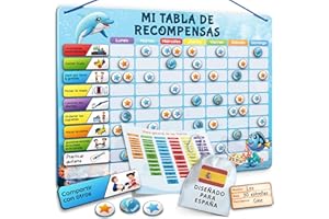 LIKARTO Tabla de Recompensas para Niños - Pizarra magnética con muchas tareas y 280 imanes - Inspira el buen comportamiento - Calendario educativo infantil - Azul