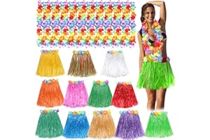 Toyssa Hawaii Hula Set Hula Rock mit Hawaii Blumenkette Grass Rock und Blumen Halskette Hawaiian Kostüm Set für Mädchen Frauen Hula Luau Beach Party Deko