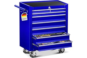 Masko Carro de taller de 7 cajones, azul, con cerradura, metal macizo, carro profesional para taller, con ruedas, almacenamiento de herramientas, cajones con rieles de rodamiento de bolas