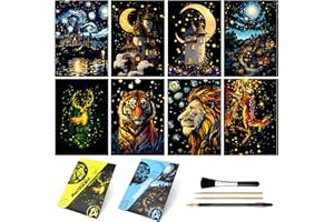 AP ARTSPER 8 Sheet Glow in The Dark Scratch Art Rainbow Painting Paper | Creative Engraving Craft Scratchboard(A5) for Teens & Adults, Fun Sketch Card Toy DIY Projects | ASMR Stress-Relieving (Castles/Animal)