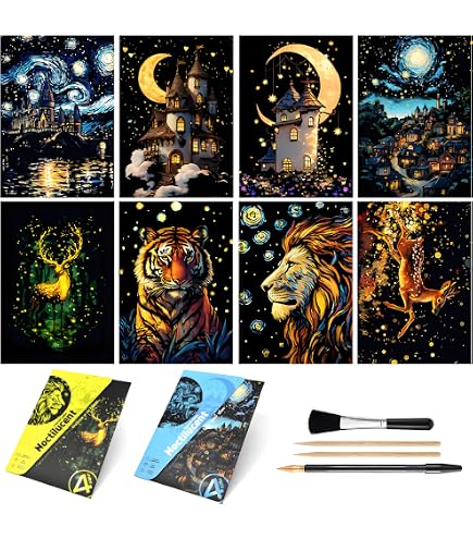 Kit Cartes à Gratter Phosphorescentes - 13 Pièces Avec Stylos Et Brosse - Arc-en-Ciel, Papillons Et Paons