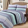 Cozy Line Home Fashions 100% Cotton Hand Piecing Reversible Lilac Purple Floral Striped Cottage Quilt Bedding Set Coverlet Bedspread for All Seasons (Lilac Stripe, Queen-3 Piece)