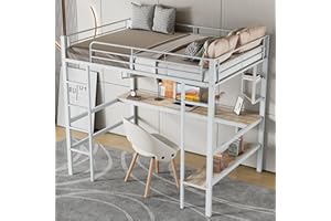 Moimhear Letto in metallo 90 x 200 cm con scrivania, alto con quattro piccoli ripiani e una grande libreria per bambini, adolescenti e adulti (bianco)