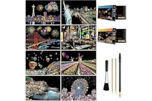 ARTSPER Scratch Art for Teens & Adults, Rainbow Engraving Painting Landscape Scratchboard(A4) Crafts Set: 8 Sheets with 4 tools - New York, Statue of Liberty, Golden Gate Bridge, Manarola (America / Europe)