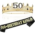 TITIKADI Gold Crown and Sash for 50TH Birthday King, Metal Birthday Party Decoration for Men