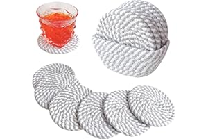 Valdivia Boho Drink Coasters with Storage Basket, Handmade Woven Cotton Absorbent Coaster Set of 6, Farmhouse Coasters and Minimalist Home Coffee Table Decoration, Housewarming Gifts New Apartment