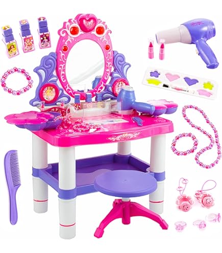 COSTWAY Coiffeuse Enfant Fille Avec Miroir & Lumière LED à 3 Couleurs Table De Maquillage Et Chaise Avec Tiroir Et Forme De Couronne Dispositif Anti Basculement Charge 5050kg Pour 3 7 Ans 85829196