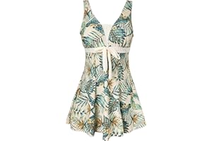 Ecupper Maillot de Bain Une Pieces pour Femme Rétro Jupe avec Volantée Contrôle du Ventre Push Up Col en V