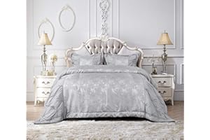 THL Bedspread set 3 Piece Comforter Jacquard Quilted Bed throw With Pillow Shams (Maya-Silver, Double)