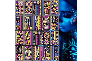 FACEGEM LONDON Glow in the Dark Neon Temporary Tattoos - 20 Sheets, 170+ Unique Designs for Party Rave Festival