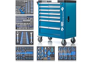 NTG Chariot à Outils + Outils + 7 tiroirs, 247 pièces, verrouillable, Dont 6 avec Outils, avec Inserts Souples en Aspect Carbone, tiroirs remplis, servante d'atelier, boîte à Outils