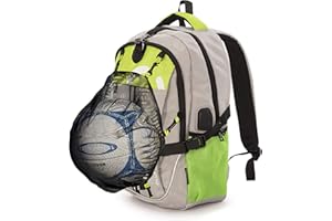 OLUFSENKids- Mochila Polivalente BONN- Con Red Desmontable Porta Balones y Cascos - Puerto USB y Auriculares -Con Hebilla Antirrobo - Ideal para Fútbol, Baloncesto, Voleibol y Hockey