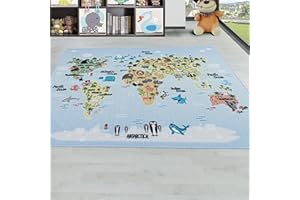 HomebyHome Tappeto per Bambini Tappeto Cameretta Bambino Disegno Animali Blu 120x170 cm - Tappeto Pelo Corto Tappeto Camera Ragazzo - Tappeto Camera dei bambini Sala giochi Tappeto Cameretta Bambina