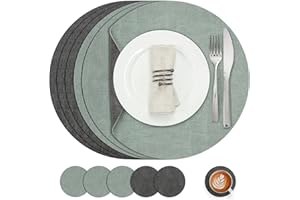 Myir JUN Manteles Individuales Redondos y Posavasos, Salvamanteles Individuales de Cuero Juego de 6 Mantel Individual Lavables Antideslizant Individuales Mesa (Gris Verde Salvia, Juego de 6)