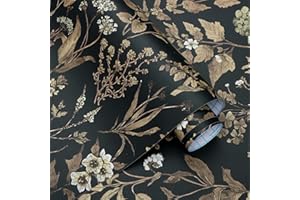 Fiula 44CM*3M Papel Pintado Adhesivo Papel Muebles Autoadhesivo Estampado Botánico Floral Negro Papel Pintado Vintage Vinilo Pegatinas Decorativas para Muebles para Salón Dormitorio Cocina