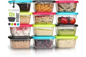 idea-station contenitori per Alimenti 12 x 300 ml - Colorati - contenitori plastica con Coperchio - Contenitore Cibo