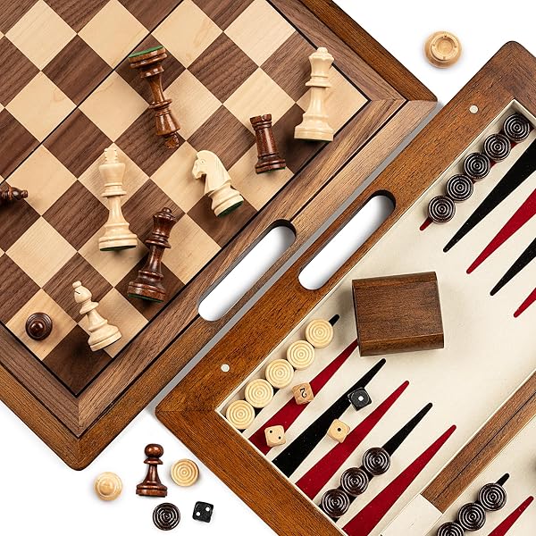 The Manopoulos Walnoot Zwart en Eiken Club Grote Backgammon Set met Vinyl Deluxe Cups