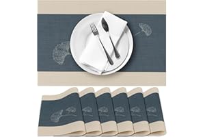 Terafeels 6 Pack Place Mats for Table, Ginkgo Leaves Pattern – Durable and Easy to Clean Placemats for Dining, Kitchen, or Home Decor – Non-Slip, Heat-resistant, Stylish Table Mats (Grey Blue)