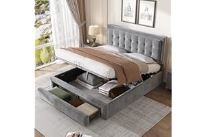 Kehun Polsterbett Doppelbett 140x200 cm, Bett mit Stauraum Kasten und Schubladen, Stauraumbett mit Lattenrost aus Holz, Hydraulisches Metallrahmen Bettgestell, Samt, Grau, Ohne Matratze