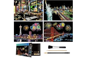 ARTSPER Rainbow Scratch Art Painting Paper (A4) for Kids & Adult, Night View Scratchboard Set: 4 Sheet Scratch Cards, Drawing Pen, Clean Brush (Times Square/Golden Gate Bridge/Seattle/Statue of Liberty)