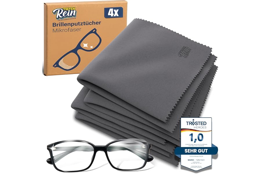 TiefenRein Brillenputztücher Mikrofaser 4X Grau - 20x20cm Extra Weich | Bildschirm Reinigungstücher, Brillenputztuch Groß, Microfaser Brillenputztuch für Klare Sicht und Sanfte Pflege der Brille