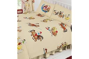 Single Bed Thelwell, Duvet/Quilt Cover Set, Novelty Kids Horses Equestrian Riding, Cream Red Brown Yellow Green Multi