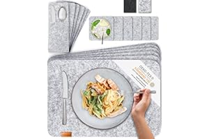 MIQIO Zestaw podkładek z filcu – 18 podkładek na stół – filcowe podkładki zmywalne – 6 podkładek pod szklane, kieszenie na sztućce, jasnoszare, kwadratowe podkładki filcowe