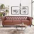 Chesterfield Sofa Leather, Modern PU Tufted Couch 3 Seater with Rolled Arms and Nailhead for Living Room, Bedroom, Office, Apartment (Brown)