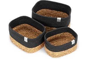 NORDIS DESIGN Aufbewahrungskörbe 3er Set aus Wasserhyazinthe und Baumwolle, Bad Aufbewahrungskorb geflochten als Badkorb zur Badezimmer Aufbewahrung & Bad Organisation schwarz