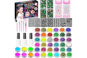 RDDAIPE Kit Tatouage Paillettes Enfant, 42 Couleurs Kit Tatouage Enfant, Tatouage Temporaire à Paillettes, 219 Pochoir, 4 Tatouage Fluorescent, Filles Anniversaire Carnaval Halloween Cadeau de Noël
