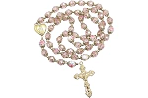 Nazareth Store Katolicki różaniec z kryształowymi, różowymi koralikami, koralikami w kwiaty i złotymi elementami, medalion w kształcie serca z Matką Boską i krzyż, religijny amulet dla kobiet