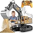 KASQERT Remote Control Excavator Toys For Boys,14 Channel 1:14 Rc Digger Construction Toys Tractor,Simulated Smoke, Sound, Lighting, Metal Digging Head, For Boys 3 4 5 6 7 8 9 10,Grey