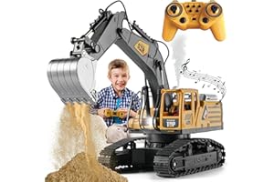 TOMOROY Fernbedienung Bagger Spielzeug 14 Kanal Fernbedienungsbagger Konstruktionsspielzeug Traktor, Simulierter Rauch, Klang, Beleuchtung, Metallgrabenkopf, RC-LKW-Geschenke für Jungen