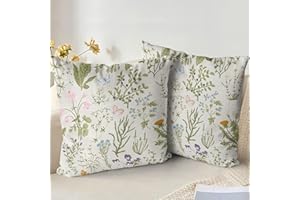 XPHZZL Cushion Covers Set of 2 Pack 40 x 40 cm - Soft Sage Green Wild Flower Plant Pillow Covers for Sofa Bed Garden Outdoor Spring Decor Flower Plant with Invisible Zipper