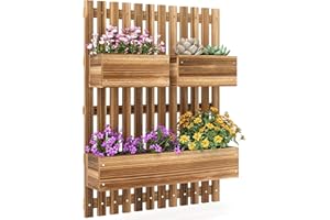 Outsunny Wall-mounted Wooden Garden Planters with Trellis, Drainage Holes and 3 Movable Planter Boxes, Wall Raised Garden Bed for Patio, Carbonised