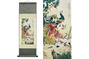 VALART Seta Scorrimento Pittura Asiatica Decorazione Della Parete Uccelli - Cento Uccelli Rispettano La Fenice Bella Arte Cinese Pergamena Da Appendere Pittura Scorrimento Orientale Decorazione(94 x 30 cm)