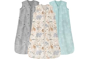 Unnivoll 3er Pack Baby Schlafsack Sommer 0.5 Tog 100% Baumwolle Sommerschlafsack Babyschlafsack 6-12 monate 78 cm für Jungen Mädchen Neugeborene Aprikose Grau Grün Elefant