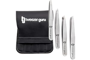 Pinzas de Depilar Profesionales Tweezer Guru Para Cejas (Set de 4) – Pinza Punta Acero Inoxidable – Gran Precisión para Pelos Faciales, Pelos Encarnados, Espinillas y Astillas (Plata)