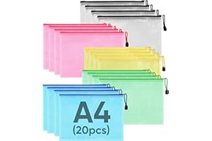 SANROLAX Document Wallet A4, Pack of 20 Bags with Zip, 5 Colours, Document Bags, A4 File Zipper Bags, Mesh Bag, Document Bag, Zip for Office Supplies, File, Cosmetics