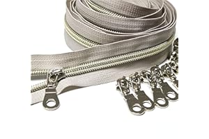 Leekayer #5 Light Gold Teeth Metallic Nylon Coil Zippers by The Yard Bulk 10 Yards Beige Tape with 25pcs Gold Sliders for DIY Sewing Tailor Craft Bag (Beige)