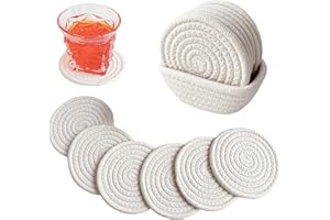 Valdivia Boho Drink Coasters with Storage Basket, Handmade Woven Cotton Absorbent Coaster Set of 6, Minimalist Home Decor for Coffee Table, Kitchen, Housewarming Gifts and New Apartment House Gifts