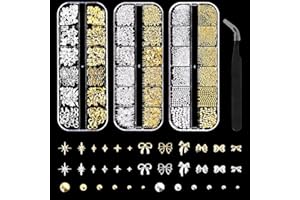 DZPUHUOJZ 3 Schachteln Nail Charms, 36 Typen Charms Nägel, Gold Silber Stern Schleifen Perle Nagelschmuck, Nagel Steinie Set mit einer Pinzette, Nails Art Charms für Frauen Nageldesign Zubehör