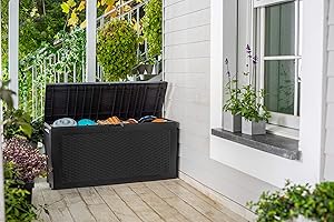 KOLL LIVING GARDEN Auflagenbox/Kissenbox 270 Liter, Farbe: Graphit - 100% Wasserdicht - mit Belüftung dadurch kein übler Geruch/Schimmel - stilvolle Rattan Optik - einfache Montage - mit Rollen und Griffen