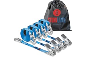 Cinchas de Amarre de Trinquete 25mm 5m Gancho con Pasador 400kg/800kg | Tensor de Carraca | Correas Cintas Eslingas Pequeñas | Transporte Camion Moto Quad Remolque | Juego de 4 | EN 12195-2 Sturdlink