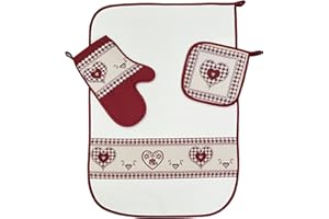 FACILCASA Strofinaccio, Presina, Guanto - Stile Tirolese - Launen Tirol –Strofinaccio, assorbente, tessuto a nido d’ape - Presina Quadrata - Guanto per forno, resistente calore, Rustico, Regalo (Set 3 pezzi)