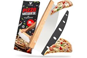 Nóż do pizzy Villkin z ostrzem 32 cm - Ostry nóż do pizzy ze stali nierdzewnej z drewnianą rączką - Duży nóż kołyskowy bardziej skuteczny jako wałek do pizzy (duży)