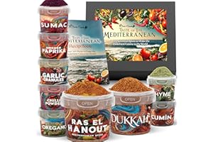 Mediterranean Spices Gift Set by Cinder & Squatch - Taste Of The Mediterranean | 9 Herbs & Spice Kit with Mediterranean Diet Recipe Book | Food Gifts with Cookbook inc 200+ Healthy Recipes
