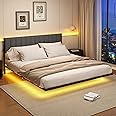 DUMEE King Size Bed Frame with Upholstered Headboard, 5ft Floating Upholstered Bed Frame King Size with Charging Station and LED Light, Metal Slats Support, Gray King Bed